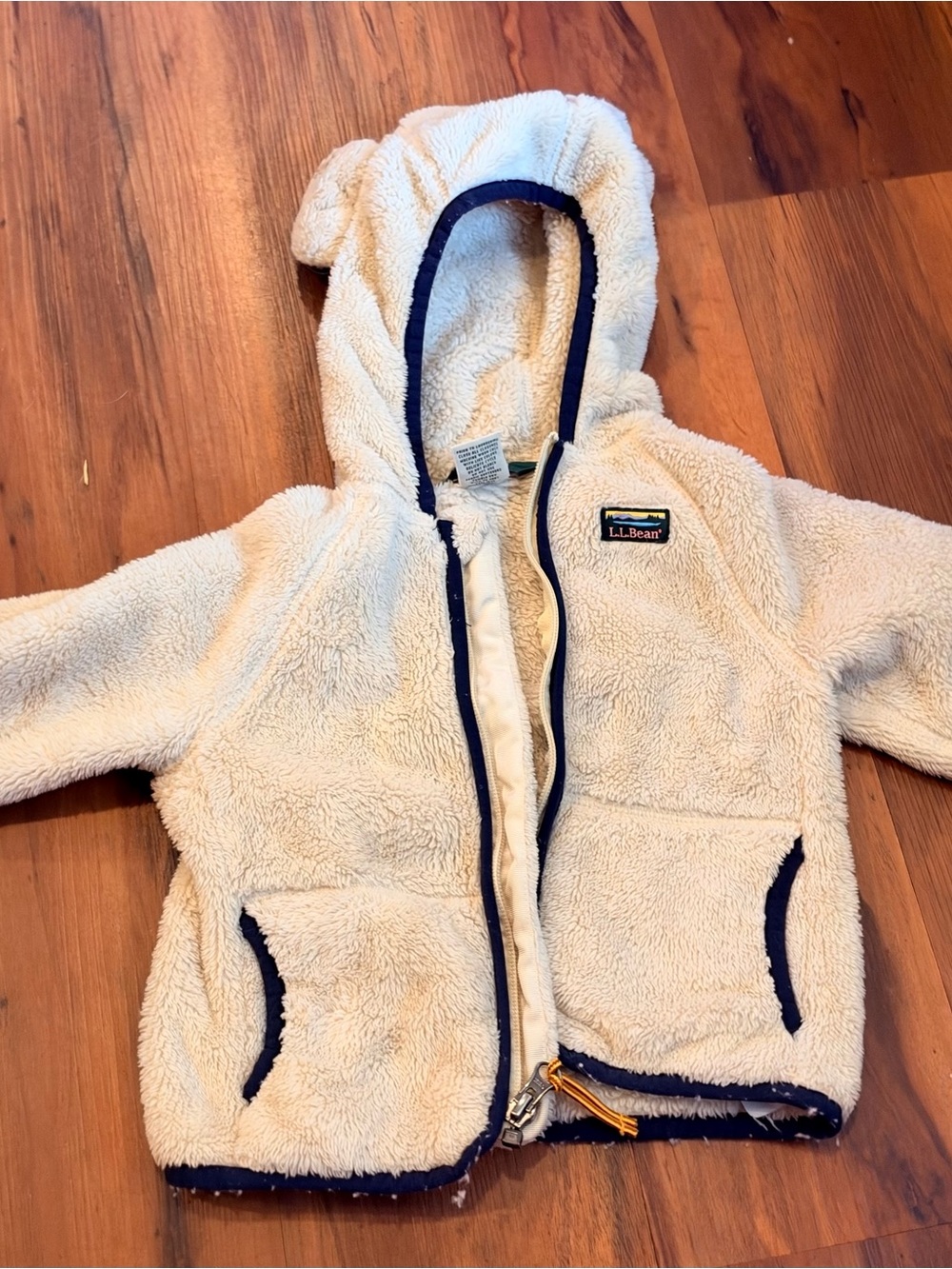 L.L. Bean Cream Sherpa Hoodie with Navy Trim
